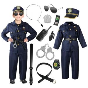 Aomig Deguisement Policier Enfant Costume de Policier de Luxe, 13 PCS Ensemble de Costume de Police, Jeux de Rôle de Police Deguisement Tenue de Cosplay de Flic Garçon Fille Halloween Noël Carnaval(S) (Yadark, neuf)