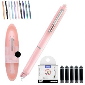 Qosneoun Stylo plume r&eacute;tractable, rechargeable, 0,38 mm, encre bleue et noire, corps transparent, comprend 5 cartouches d'encre rechargeables pour une &eacute;criture fluide sans fuite (rose, noir non (Qinchang, neuf)
