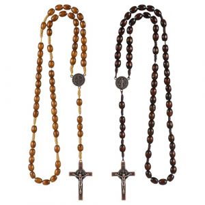 TenaLucy 2 Pièces Collier Chapelet Croix Catholique,Chapelet Catholique avec Croix Médaille Jésus Christ Saint Benoît Perles de Prière en Bois Naturel,pour Communion,Baptême,Messe (mingyufamly, neuf)