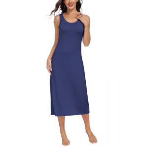 Lovasy Fond de Robe Longue Lingerie Femme en Modal sous Robe &Eacute;l&eacute;gant Col Rond avec Bretelles Larges Sexy Slip Chemise de Nuit Antistatique Gainant,A-Bleu Marine,S (Lovasy Direct, neuf)