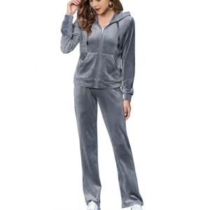 Woolicity Survêtement Femme Ensembles Sportswear Jogging Pyjama Pantalon de jogging en velours uni à capuche sport décontracté Gris XXL (Woolicity-EU, neuf)