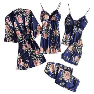 G&eacute;n&eacute;rique 5 Pi&egrave;ces Femme Sexy Chic Ensemble De V&ecirc;tements De Nuit en Satin Nuisette Dentelle Cami Chemise De Pyjama, Feminin Sensuelle Peignoir de Soie Chemisette De Nuit Ensemble De Lingerie (qieycgd, neuf)