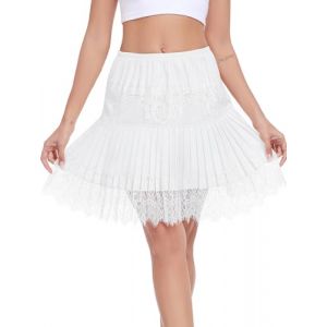 Vlazom Jupon Femme Courte Plissée Jupon sous Robe en Dentelle Ourlet Dentelle Délicat Couleur Unie Casual Élégante，Blanc，XXL (Vlazom, neuf)