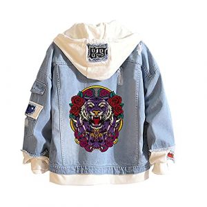 Sweat à Capuche en Denim Tigre Jean Faux Deux pièces Veste en Jean Manteaux Bouton vers Le Bas Sweat à Capuche pour Adolescent Adulte (Lpsmy, neuf)