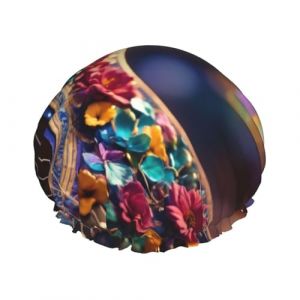 Bonnet de douche double couche imprimé guitare fleurs bonnet de douche bonnet de bain femmes hommes bonnets de douche salon utilisation à la maison (liqi2443, neuf)