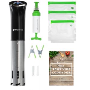KitchenBrothers Thermoplongeur Sous Vide - Cuisson Basse Temp&eacute;rature - Cuiseur Sous Vide - Thermoplongeur Chauffe Eau -0 &agrave; 95℃, R&eacute;glable Par 0,2℃ - 1200W (Noir/Inox avec accessoires) (LifeGoods Group, neuf)