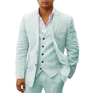 HUUTOE Costume 3 pi&egrave;ces en lin pour homme - Pour la plage, les mariages, les gar&ccedil;ons d'honneur - Costume d'&eacute;t&eacute; d&eacute;contract&eacute; - Blazer en lin - Gilet et pantalon de smoking, aqua, Taille 3XL (NicetomeeeU, neuf)