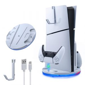 Mcbazel Support Vertical de PS5 Slim avec Lumière LED, Base de Chargement Rapide pour Deux Manettes et Crochet Casque pour PS5 Slim DE/UHD – Blanc(Non per PS5/PS5 Pro) (TransChased, neuf)