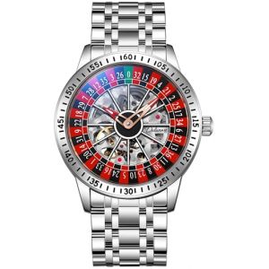 MASTOP Roulette Wheel Montre mécanique automatique pour homme avec cadran rotatif et squelette creux en acier inoxydable étanche, Argenté, Montre roulette (JAW-Supplies, neuf)