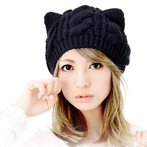 Tuopuda® Femme Hiver Chapeau Fille Tricoté Bonnet Béret Casquette/Bonnet Oreilles De Chat Chanvre Fleurs Bonnet Noir (GHF-Direct, neuf)