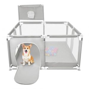 Parc &agrave; Chiots Pouces avec Porte, Parc pour Chiots Ou Petits Chiens,Lavable en Machine, Int&eacute;rieur/ext&eacute;rieur (126 x 126 x 66 cm &ndash; Gris Clair) (Hechheu, neuf)
