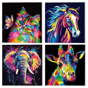 NAIMOER 4 Pièces Cadre Peinture par Numero Animaux Adulte Enfants, 8-12 ans Digital Painting by Numbers, Pinceaux et Peintures Acryliques Cadeaux 20x20cm(Chat, Chevaux, Eléphants, Girafe) (NAIMOER, neuf)