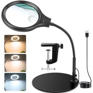 JUOIFIP Loupe 10X avec lumi&egrave;re et support, 3 modes de couleur, 10 niveaux de luminosit&eacute;, lampe de bureau 2 en 1 et pince, loupe lumineuse LED avec lumi&egrave;re et support, mains libres pour personnes &acirc;g&eacute;es (Pretty Rainbow, neuf)