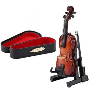 VIFERR Modèle de Violon Miniature, Mini Violon en Bois avec Étui de Support Instrument de Musique Accessoires de Maison de Poupée pour Maison Bureau Décoration Cadeau (VIFER, neuf)