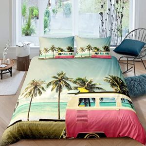Plage Océan Housse de Couette Surf Camping Car Parure de Lit 220x240cm Sea Print Sets de Housse de Couette for Enfants adolescents BedDécor de chambre Tropical Trees Avec 2 taies d'oreiller (Bofanshangmao, neuf)