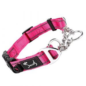 PETTOM Collier &Eacute;trangleur Chien avec Bouton S&eacute;curit&eacute; pour Grand Chien Collier Nylon Cha&icirc;ne avec Bande R&eacute;fl&eacute;chissante et Anneau Accrocher Plaque Identification Chien(L: 52-71CM, Rose) (Louvra, neuf)
