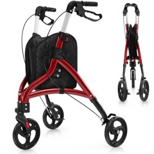 RELAX4LIFE Déambulateur 3 Roues Pliable Léger, Rollator 3 Roues Tout Terrain, Déambulateur Extérieur/Intérieur en Aluminium 5 KG, Portable, Poignée 86-96 CM, Panier, pour Adulte (Rouge) (RELAX4LIFE, neuf)