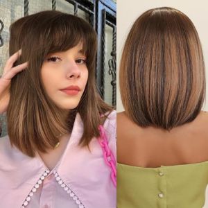 testar Perruque brune avec frange - Perruque courte marron pour femme blanche - Cheveux naturels - Perruque lisse - Fibre synth&eacute;tique r&eacute;sistante &agrave; la chaleur - Pour fille - Cosplay (gemma, neuf)