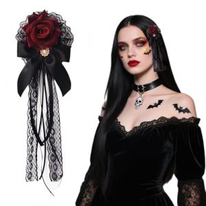 Lolita Pince &agrave; cheveux avec n&oelig;ud en dentelle et rose rouge avec pendentif gothique et perles noires, peigne &agrave; cheveux pour femme pour mari&eacute;e, mariage, anniversaire, Halloween, bal masqu&eacute;, f&ecirc;te (MouXingKun, neuf)