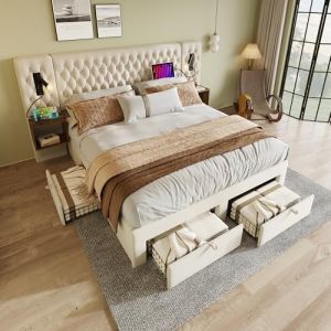 Lit 160x200 avec Sommier LED et USB, Lit Coffre 160x200 avec 4 Tiroirs 2 Tables de Chevet et Tete de Lit, Lit Double avec à Lattes, Lit 2 Personnes Lit Rembourré Cadre de lit 160x200(Sans Matelas) (ZEYNEP OZTURK LIMITED, neuf)