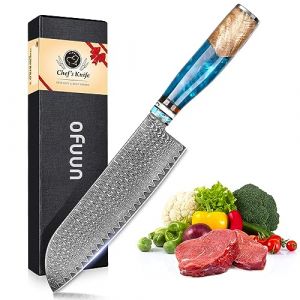 oFuun Couteau de Damas de Santoku, Couteau Japonais Professionnel de 67 Couche Acier, Lame de 17.5 cm Couteaux de Cuisine, Ergonomique Résine Bleue Handle (Hutt-FR, neuf)