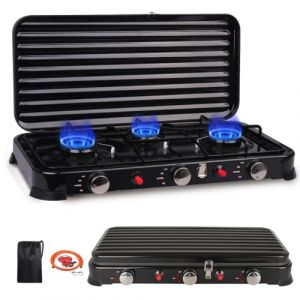 Inoamity Réchaud Gaz 3 Brûleurs Portable pour Camping – 5400W Puissant Réchaud Camping Gaz avec Couvercle, Pare-Vent, Détendeur & Sac de Transport (Noir) – Ensemble Cuisine Compact Extérieur (ANNA DZINTARE, neuf)