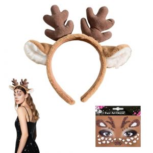 Richaa Serre-t&ecirc;te floqu&eacute; en bois de renne de No&euml;l pour adultes et visage de renne autocollants, serre-t&ecirc;te en bois de cerf pour No&euml;l, Halloween, oreilles d'animaux (DUOPUU, neuf)