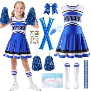 TOSZOLY Deguisement Pompom Girl, Deguisement Pom-Pom Girl Enfant avec Pompons, B&acirc;ton Gonflable de Autres Accessoires, Costume Cheerleader Fille pour Halloween Carnaval, Bleu, 160 (NIKLAVS TOMSONS, neuf)