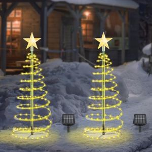 Sapin Lumineux Exterieur, 2 Pcs 100 LEDs Sapin de No&euml;l Lumineux Ext&eacute;rieur, Imperm&eacute;able Sapin de Noel Artificiel Solaire, Decoration Noel Exterieur Solaire pour Jardins, Terrasses (Blanc Chaud) (QiBaoEU, neuf)