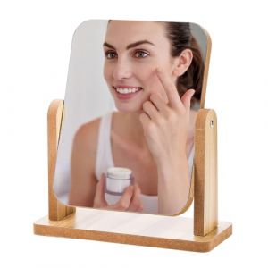 Miroir Cosmétique en Bois - Petit Sur Pied à 360° - 21 x 18 cm - Avec Support - Pour Maquillage, Rasage - À Poser Sur Bureau - Pour Salle de Bain, Chambre (zhangyongjian g, neuf)