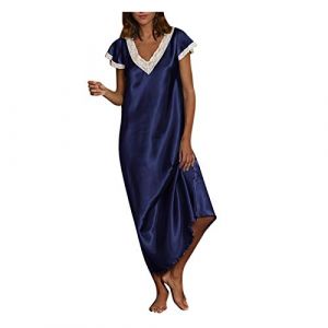 Mrat Chemise de nuit pour femme - Longue chemise de nuit en satin - Sexy - Col en V - &Eacute;l&eacute;gante - Manches courtes - Robe longue d&eacute;contract&eacute;e et douce - V&ecirc;tements de nuit - V&ecirc;tements de d&eacute;tente - Pyjama (qiyueshangmaoshanghang, neuf)