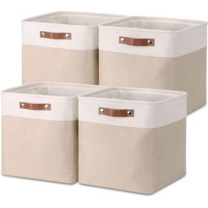 VIIHTYISA Lot de 4 Boîtes de Rangement en Tissu, 33x33x33cm, Avec Poignée en Cuir Synthétique pour Étagère Cube, Étagères, Penderie, Kaki et Blanc (ZABAO STORE, neuf)