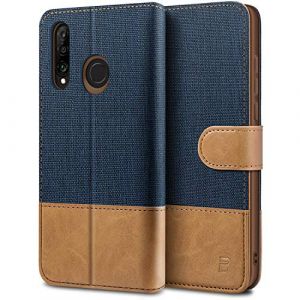BEZ® Coque pour Huawei P30 Lite, Etui pour Huawei P30 Lite Housse en Cuir de Protection, Portefeuille en Cuir Polyuréthane, Crochet, Pochette pour Monnaie, Fermeture Magnétique, Bleu (TheBlingZ., neuf)