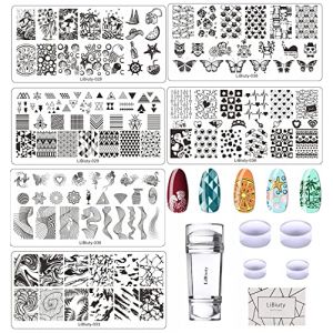 JEEWHEET 6pcs Modèles d'estampage d'ongles Plaque 1 Grattoir 1 Tampon à ongles avec 4 têtes de tampon de rechange, Kit Plaques d'estampage pour Nail Art, Décorer Motif Ligne Coeur Chat Fleur (Yijiayi-EU, neuf)