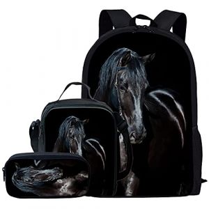Kuiaobaty Ensemble cartable 3 en 1 pour filles et garçons avec sac à déjeuner et trousse à crayons pour collège, Cheval noir., Taille unique, Moderne (kuiaobaty, neuf)