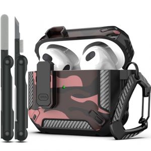 RFUNGUANGO Coque pour AirPods 3e avec kit de Nettoyage, Armure de Protection Rigide Militaire avec verrou pour bo&icirc;tier de Charge AirPod Gen 3 2021,Camouflage Rouge (JINGCI EUR, neuf)