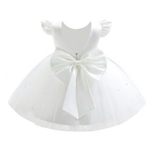 IWEMEK Bébé Fille Robe à Tutu en Tulle à Manches volantées Dos Nu nœud Papillon et Perles Robes de fête Anniversaire Mariage Princesse Cérémonie Baptême Première Communion Blanc 6-12 Mois (IWEMEK, neuf)