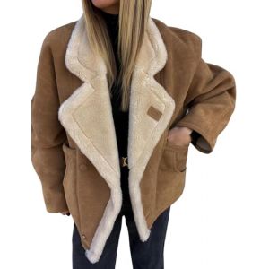Veste en Peau de Mouton retourn&eacute;e doubl&eacute;e Sherpa pour Femme Manteau &eacute;pais en Polaire &agrave; la Mode d'hiver (caf&eacute;,M) (luochengluouzhou, neuf)