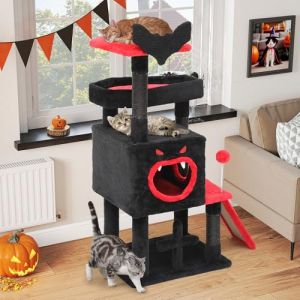 YITAHOME Arbre &agrave; chat gothique, tour &agrave; chat &agrave; plusieurs &eacute;tages avec deux perchoirs, plate-forme de sol, rampe d'escalade, boule &agrave; pompons, ornements d'araign&eacute;e et troncs en sisal, Halloween pour chats (Yitafamily, neuf)