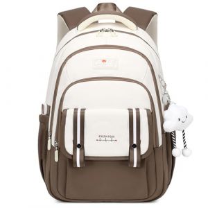 Tanou Sac à Dos Fille Adolescent, Grande Capacité Cartable Fille pour École Primaire College Lycée, Sac a Dos Scolaire Renforcé à la Mode et Décontracté avec Pendentif, Marron (Tanou Bagages, neuf)