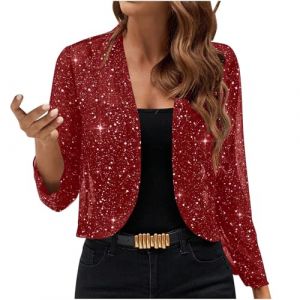 NZYIHAO Cardigan &agrave; paillettes pour femme - Court - Ouvert - Manches longues - Bol&eacute;ro fin et &eacute;l&eacute;gant - Sans boutons - Veste bol&eacute;ro en maille fine - Veste de transition, rouge, M (JCRZZ, neuf)