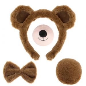 Bandeau Oreilles Ours, 4 Pi&egrave;ces Costume Bandeau Ours Ensemble, Oreilles Serre Tete Ours, Ensemble Headband Ours Avec Queue, Nez, N&oelig;ud Papillon, pour Cosplay Halloween Carnaval (yonglemei, neuf)