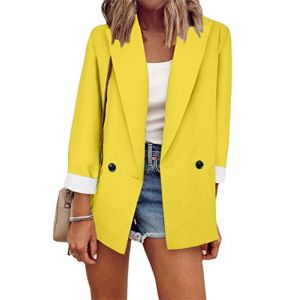 OMZIN Femmes Décontracté Travail Blazer Manches Longues Revers Ouvert Devant Couleur Solid Costume Veste Jaune S (Mosesi, neuf)