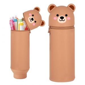 Aethryon Trousse d'&eacute;colier 2 en 1 en silicone souple, trousse &agrave; crayons Kawaii, trousse &agrave; crayons de dessin anim&eacute;, porte-stylo de table, trousse &agrave; crayons debout, Brown Bear, dessin anim&eacute; (ML Tech, neuf)