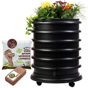 WORMbox | Lombricomposteur 4 Plateaux Noir + Jardinière + 1kg de vers de Compost + 1 Bloc Coco | 64 litres | Compostez Vos déchets organiques, lombrics/lombricompost (Ferme du Moutta, neuf)