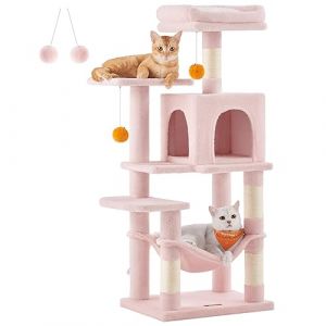 Feandrea Arbre &agrave; Chat Hauteur 112 cm, Tour de Jeux pour Chats, avec 4 Poteaux &agrave; Griffer, 2 Plateformes, 1 Niche, 1 Hamac, 2 Pompons, en Tissu Peluche, Multi-Niveaux, Rose Bonbon PCT261P01 (SONGMICS HOME FR, neuf)