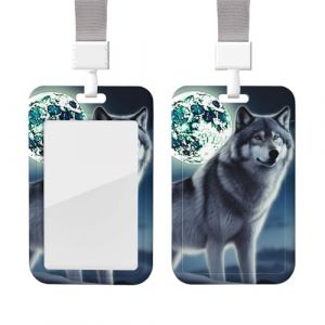 Porte-badge d'identification avec cordon tour de cou imprim&eacute; loup sous la lune - Porte-badge en plastique &eacute;tanche - Pochette de protection verticale pour carte de nom - Coque de protection pour le (shanxiaolei456, neuf)