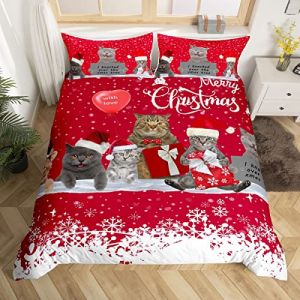 Joyeux No&euml;l liti&egrave;re de chat No&euml;l flocons de neige housse de courtepointe pour enfants adorable chaton animal de compagnie housse de courtepointe pour animaux de compagnie Rouge Blanc, 200x200cm (Bofanshangmao, neuf)