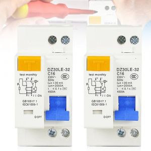 Lot de 2 disjoncteurs Fi, AC 230 V 30 mA C16 1P+N Montage sur rail DIN Protection contre les surcharges Disjoncteur diff&eacute;rentiel avec protection contre les surintensit&eacute;s Interrupteur FI/LS Disjoncteur (KAROULLA, neuf)