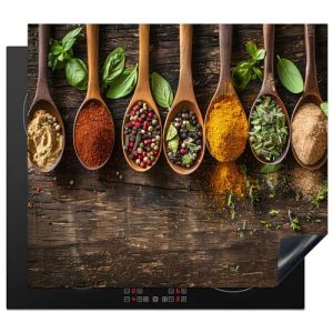 KitchenYeah&copy; Protection Plaque Induction 59x52 cm Protege Deco Cuisine Cache Prot&egrave;ge De Cuisson Accessoire Herbes - Epices - Cuill&egrave;re - Feuilles - Gravure sur bois - Nature morte (KitchenYeah, neuf)